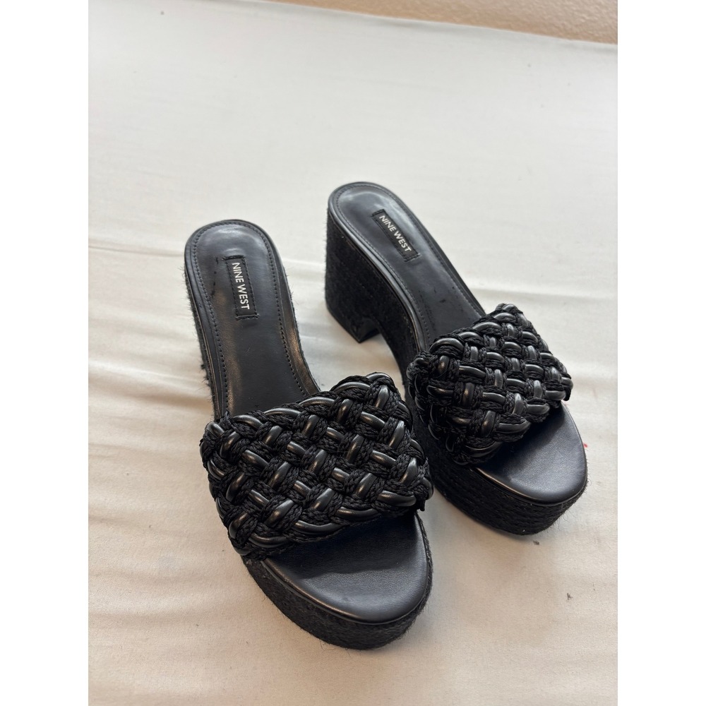 Nine West Womens Black Woven Espadrille Platform Wedge Slide Sandals Size 9M